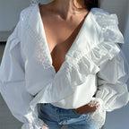 Ruffled Deep V-Neck Lace Trim Blouse