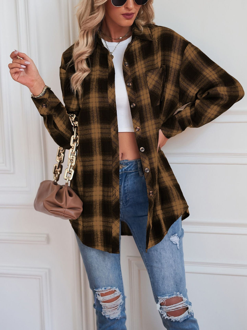 Casual Boyfriend Fit Plaid Collared Blouse