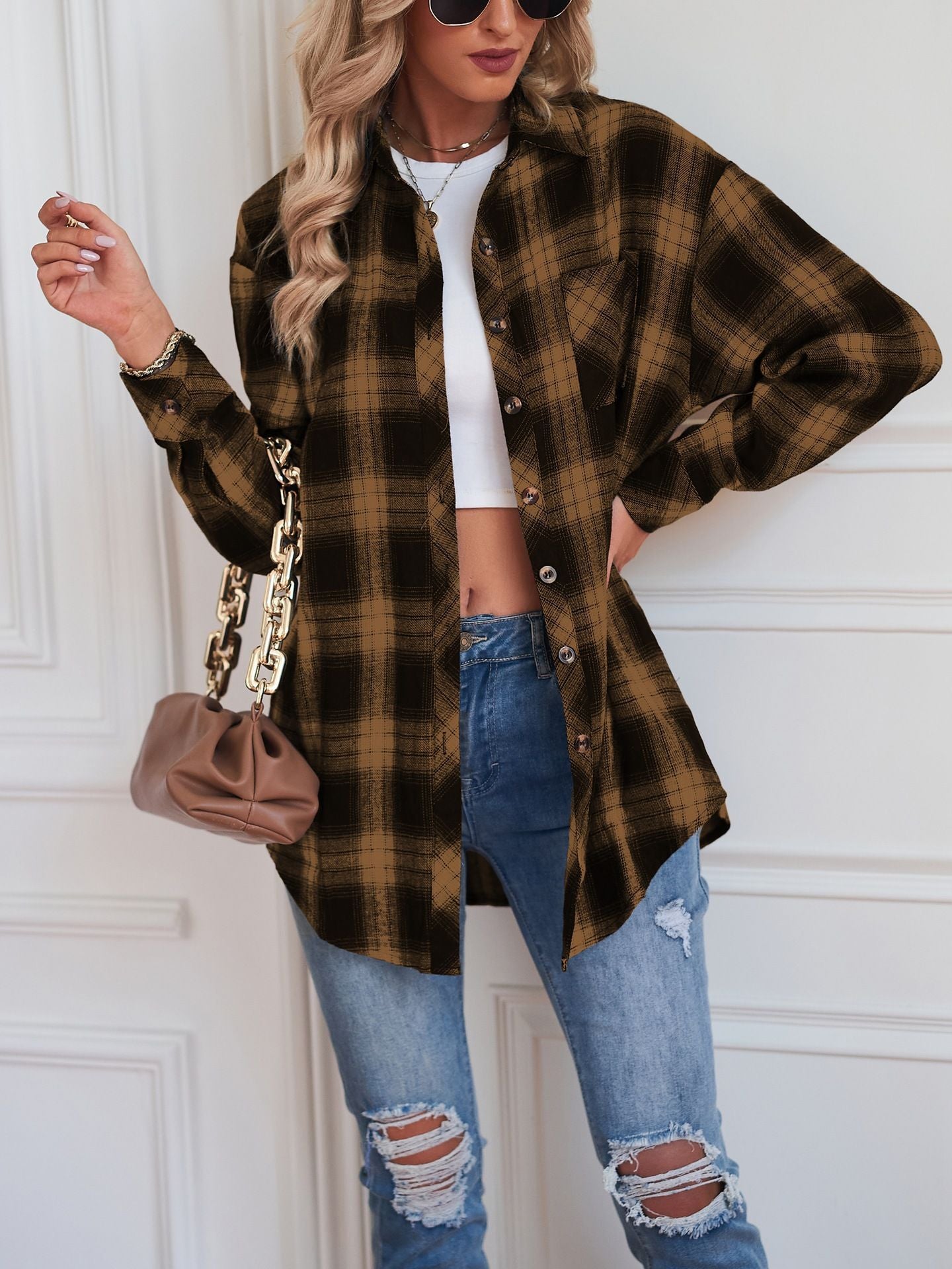 Casual Boyfriend Fit Plaid Collared Blouse