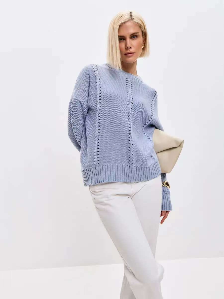 Casual Hollow Knit Crewneck Sweater