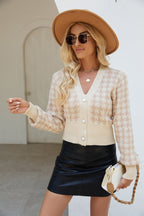 Houndstooth V-Neck Knit Balloon Sleeves Cardigan