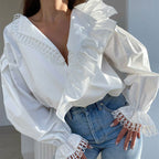 Ruffled Deep V-Neck Lace Trim Blouse