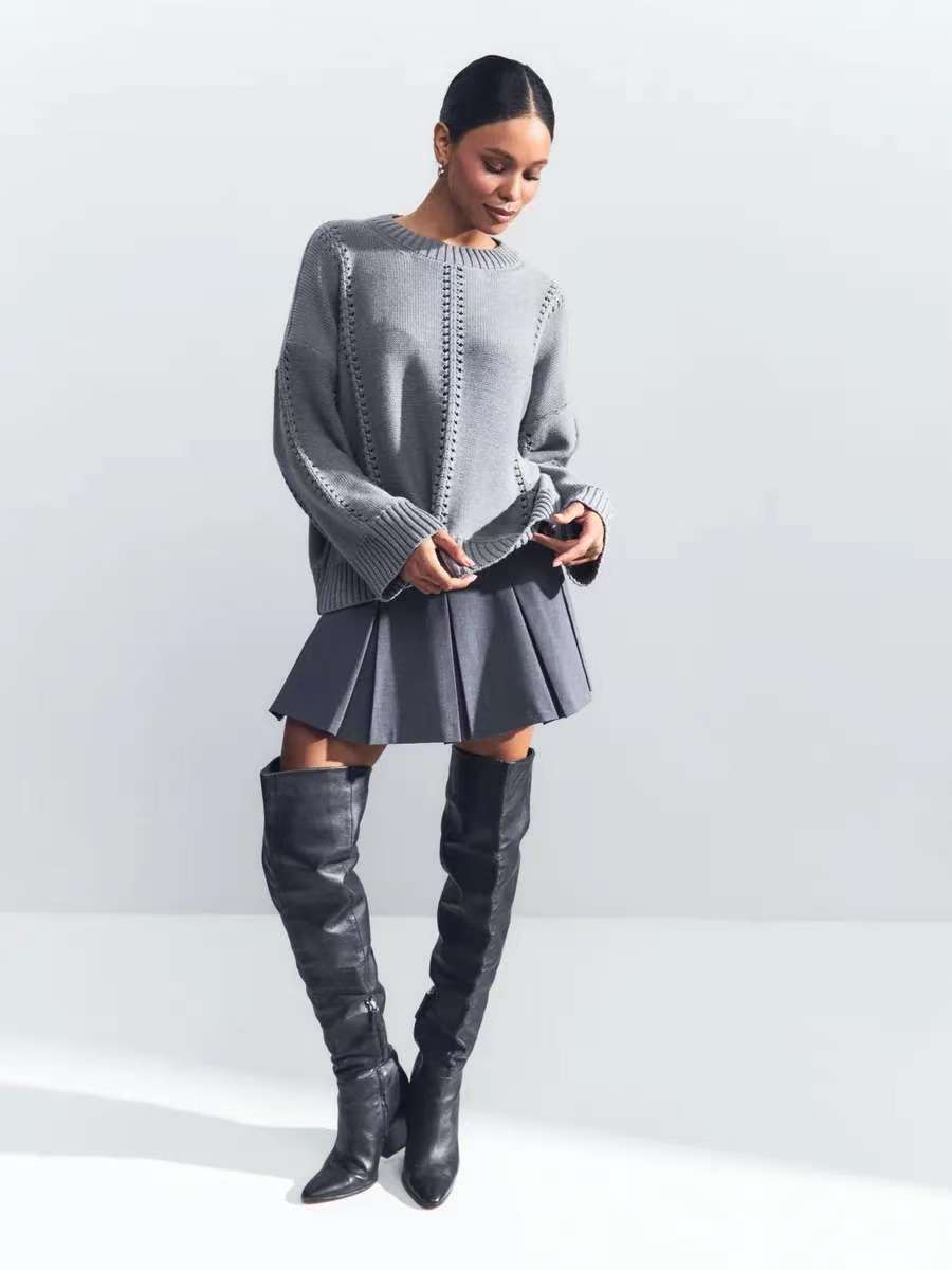 Casual Hollow Knit Crewneck Sweater