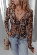 Leopard Print Tie Front Chiffon Long Sleeve Blouse