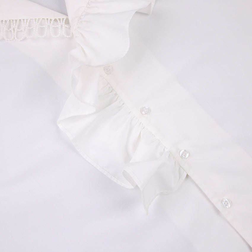 Ruffled Deep V-Neck Lace Trim Blouse