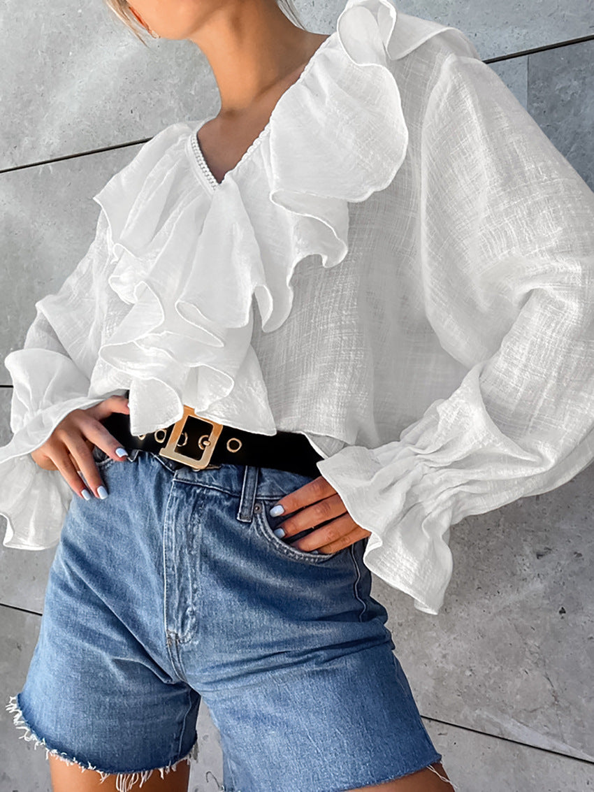 Drop Shoulder Ruffled Cotton Blouse