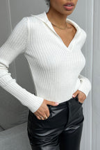 Polo Neck Fitted Ribbed Knit Sweater