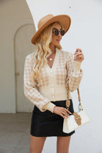 Houndstooth V-Neck Knit Balloon Sleeves Cardigan