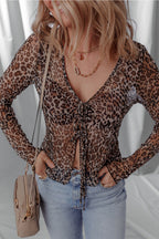 Leopard Print Tie Front Chiffon Long Sleeve Blouse