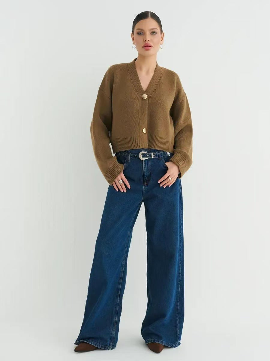 Custom Solid Color V-Neck Loose Knit Cardigan