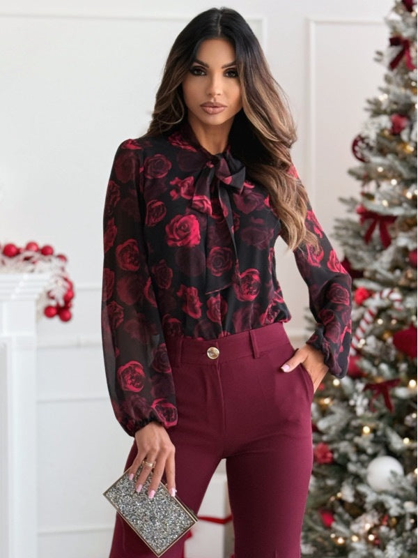 Chiffon Bow Tie Printed Long Sleeve Blouse