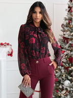 Chiffon Bow Tie Printed Long Sleeve Blouse