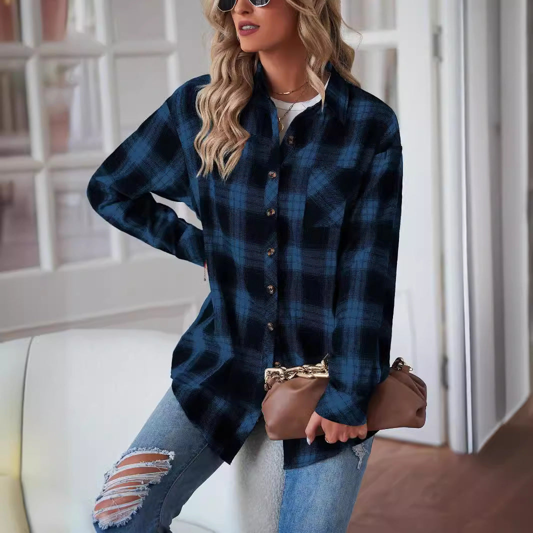 Casual Boyfriend Fit Plaid Collared Blouse