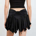 Women Gothic Irregular Solid Color Drawstring Tie-Up Ruched Ruffles Mini Summer Skirt