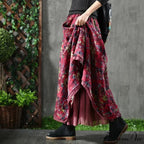 A-Line Folded Fall Floral Long Skirt with Pockets