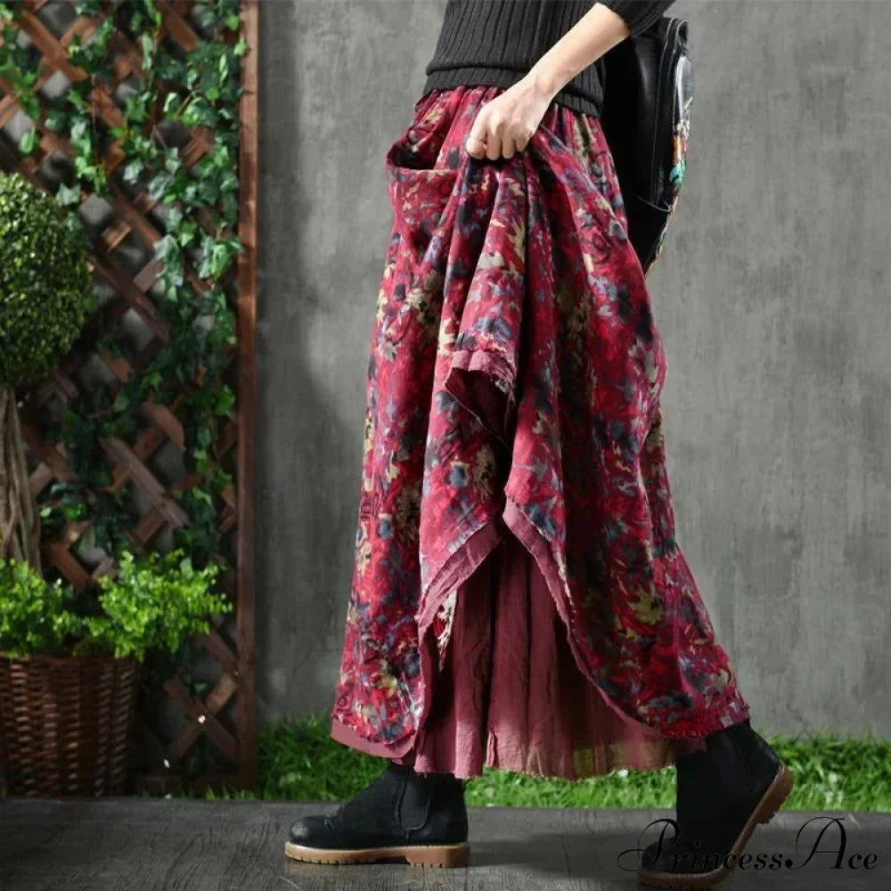 A-Line Folded Fall Floral Long Skirt with Pockets