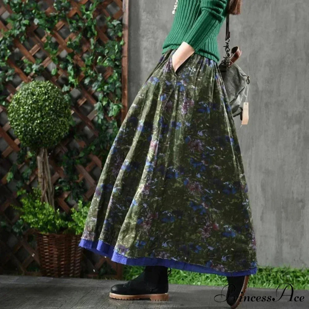 A-Line Folded Fall Floral Long Skirt with Pockets