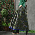 A-Line Folded Fall Floral Long Skirt with Pockets