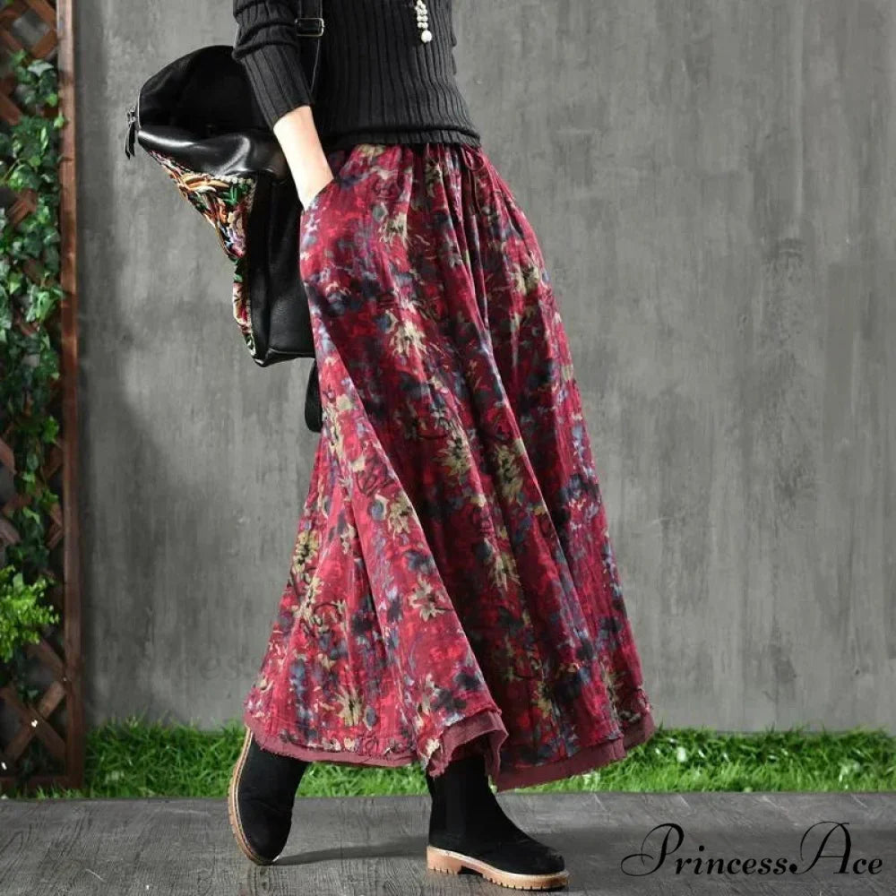 A-Line Folded Fall Floral Long Skirt with Pockets