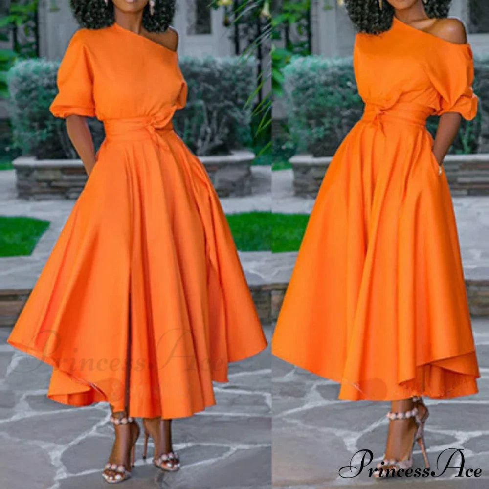 A Line Pleated Orange Elegant Dress
