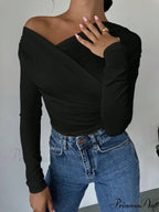 A-line Shoulder Long Sleeve Slim Knitted Top Women
