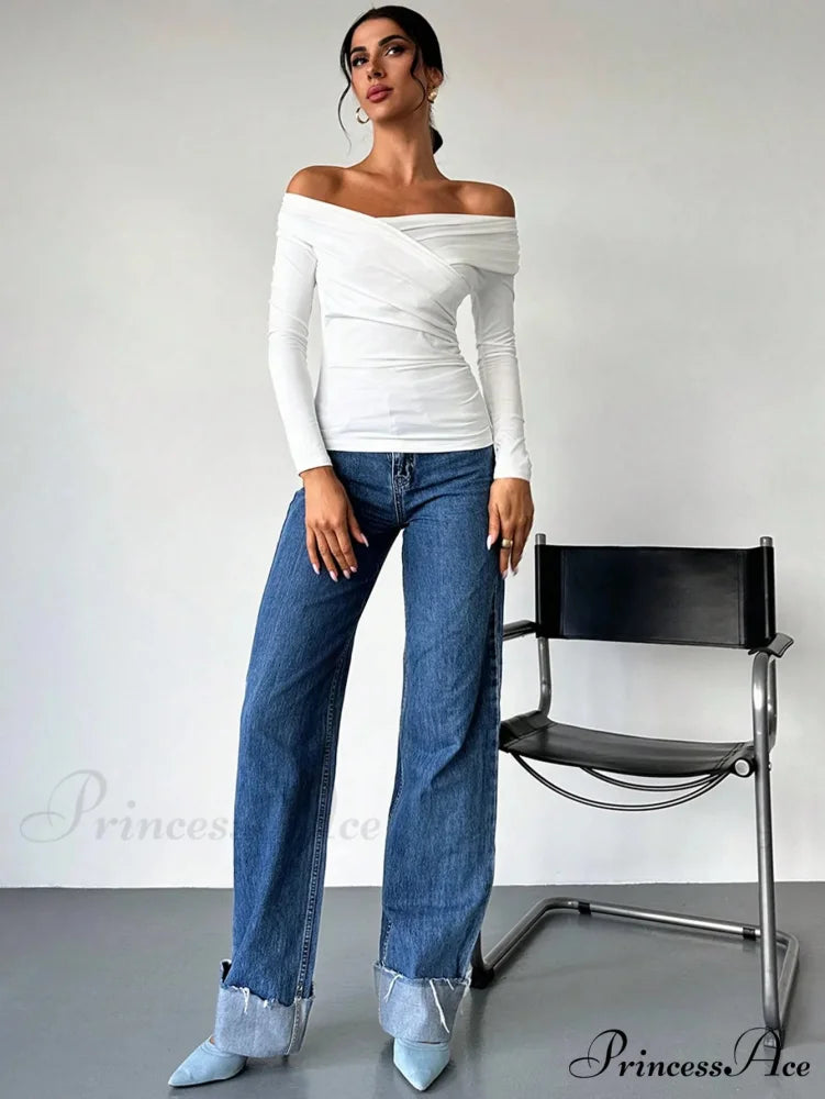 A-line Shoulder Long Sleeve Slim Knitted Top Women