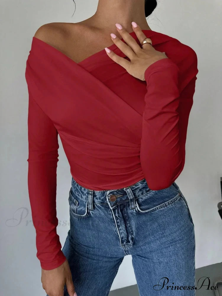 A-line Shoulder Long Sleeve Slim Knitted Top Women