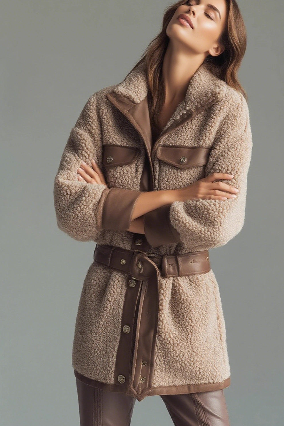 Vintage Fleece Paneled Pocket Belted Coat