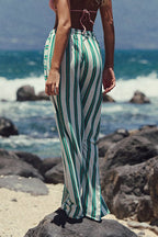 Beach Style Striped Drawstring Wide Leg Pants