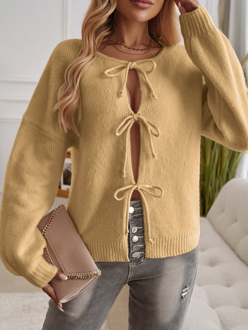 Loose Fit Button-Down Tie-Front Solid Color Sweater