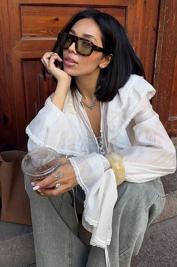 V-Neck Tie Lace Trim Blouse