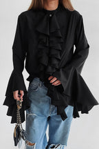 Elegant Ruffle Trim Button Blouse