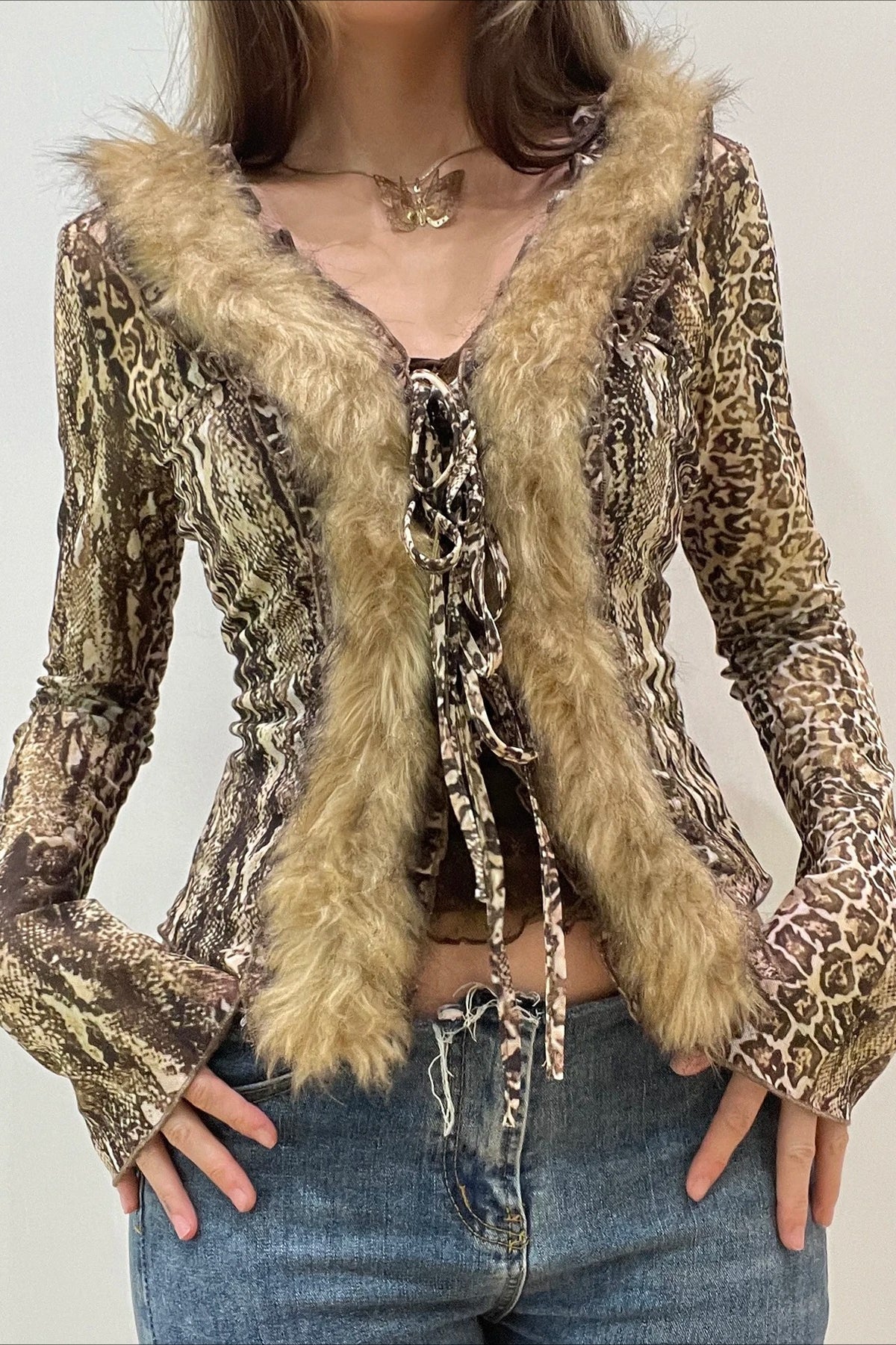 Leopard Fur Trim Mesh V-Neck Blouse