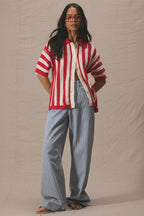 Colorblock Striped Folded Collar Knit Cardigan