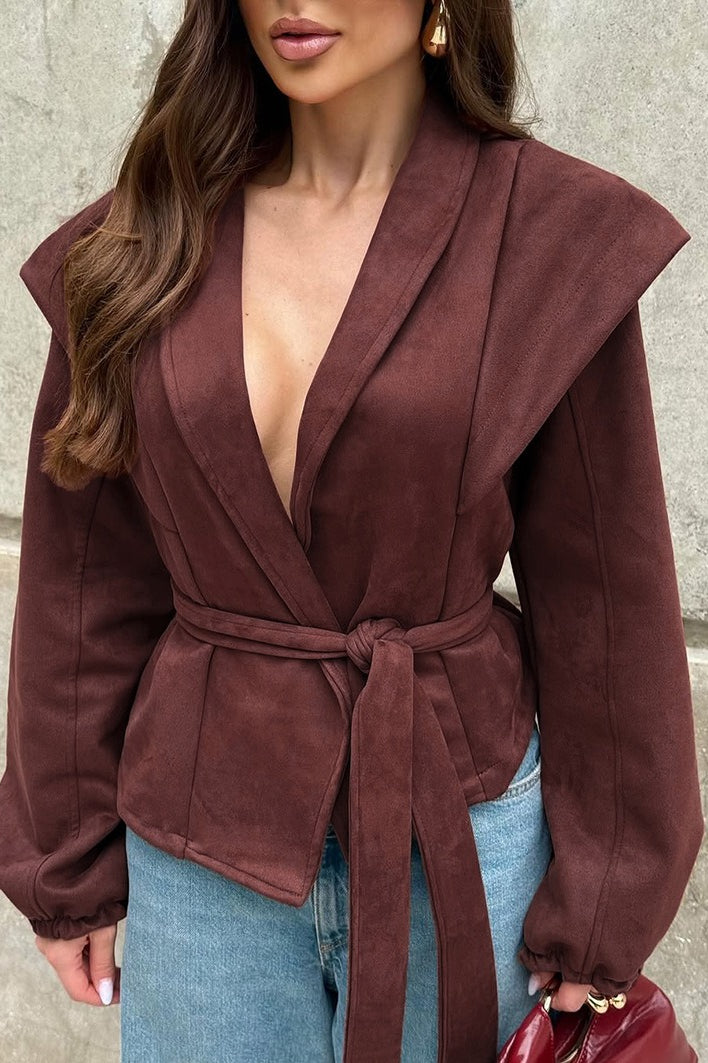 Vintage Wine Red Suede Tie-Waist V-Neck Coat