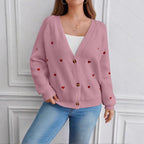 Heart Embroidery V-Neck Knit Cardigan