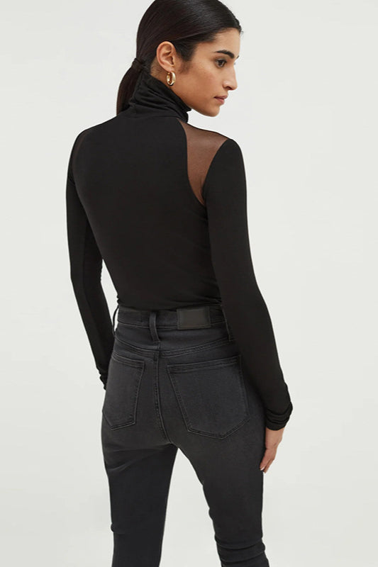 High Neck Mesh Panel Bodysuit Knit Top