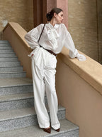 White Tencel Loose Bow Tie Bell Sleeve Blouse