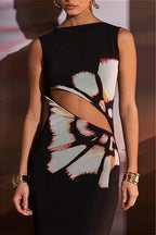 Black O-Neck Sleeveless Hollow Out Floral Dress