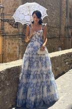 Floral Print Sleeveless Backless Lace-up Floral Dress