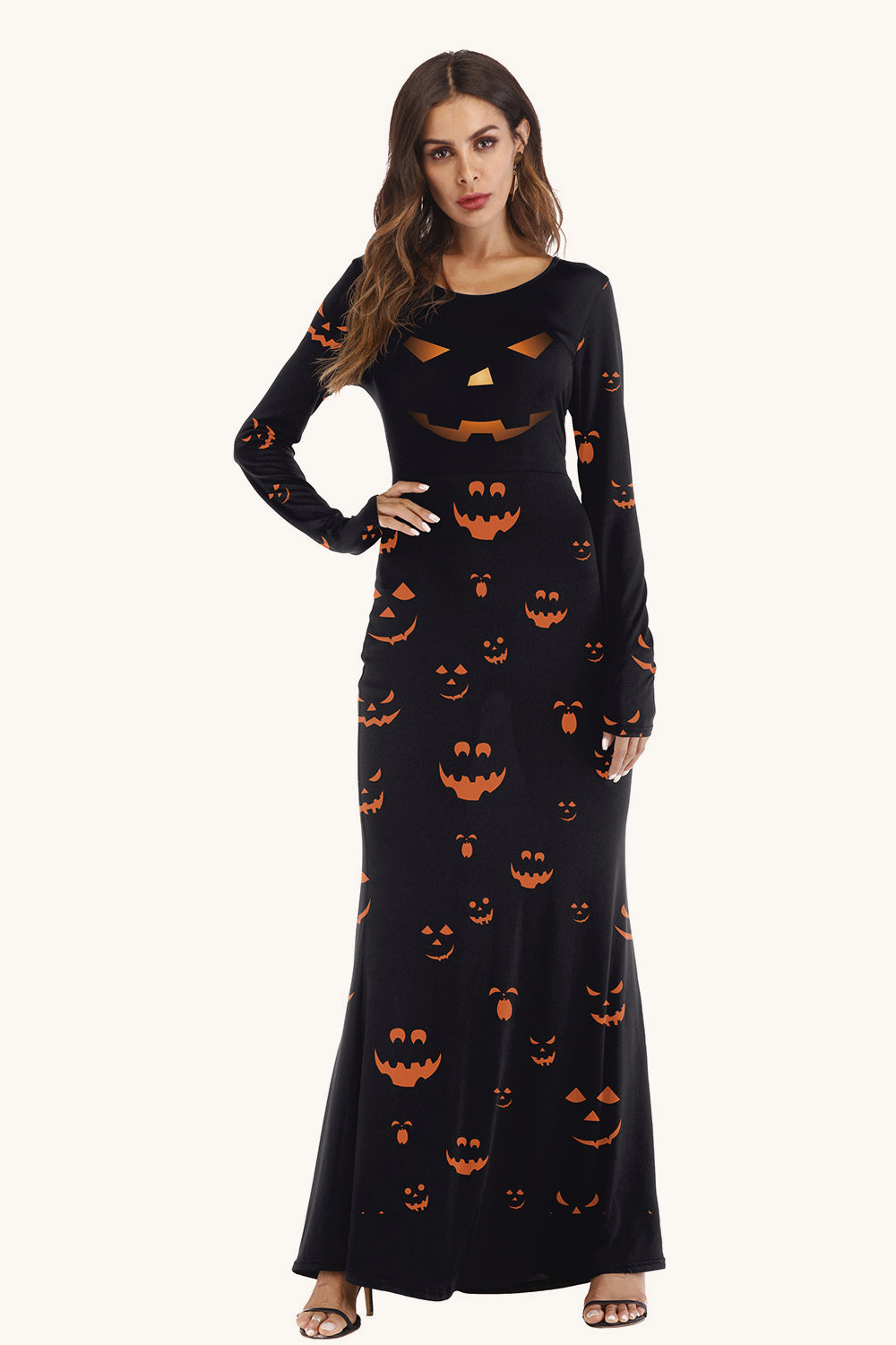 Halloween Pumpkin Digital Print Long Sleeve Maxi Dress