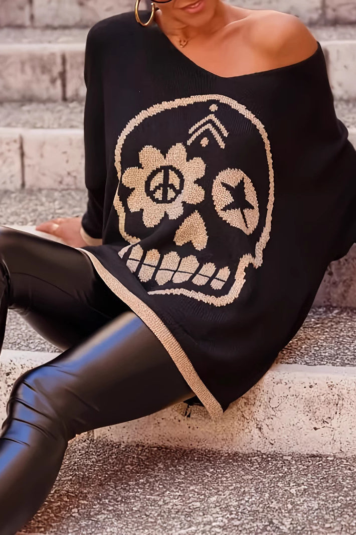 Skull V-Neck Halloween Knit Sweater