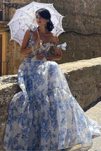 Floral Print Sleeveless Backless Lace-up Floral Dress