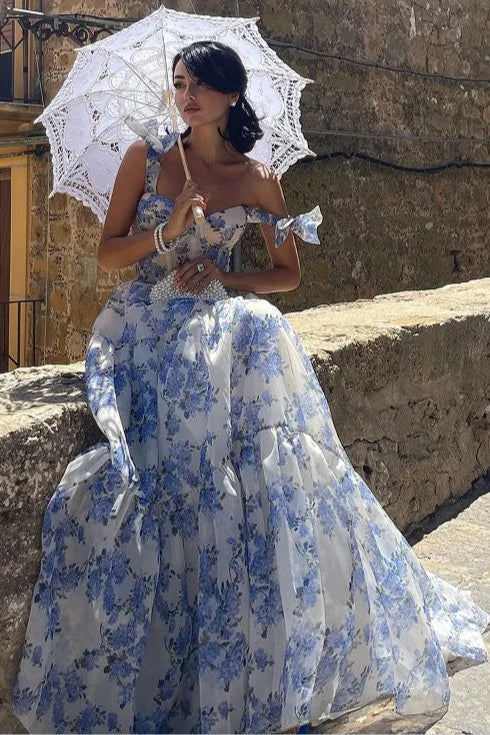 Floral Print Sleeveless Backless Lace-up Floral Dress