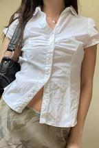 Fitted Button-Down Ruched Blouse