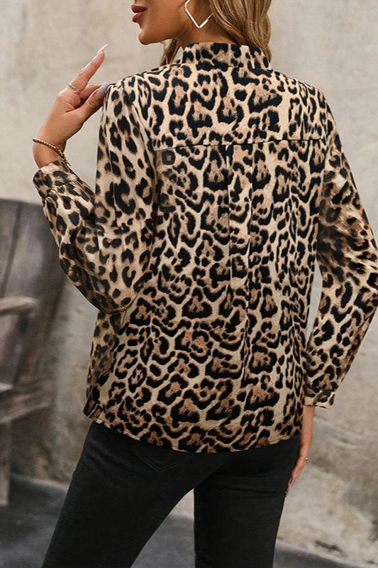 Satin Leopard Print Button-Up Blouse