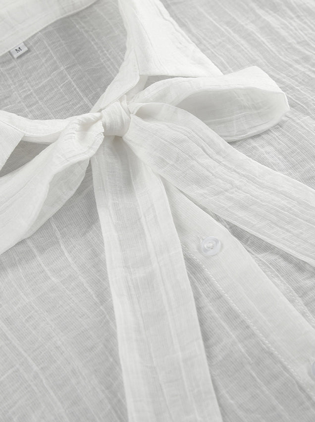 White Tencel Loose Bow Tie Bell Sleeve Blouse