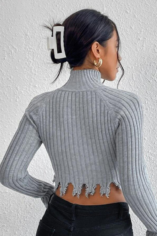 Distressed High Neck Cropped Knit Sweater