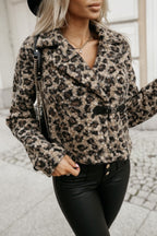 Animal Print Woolen Notch Collar Coat