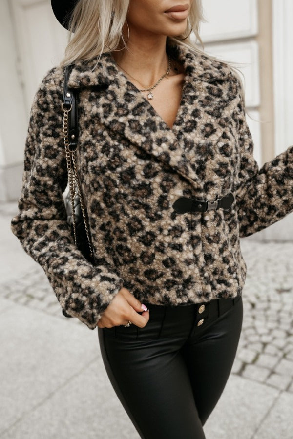 Animal Print Woolen Notch Collar Coat